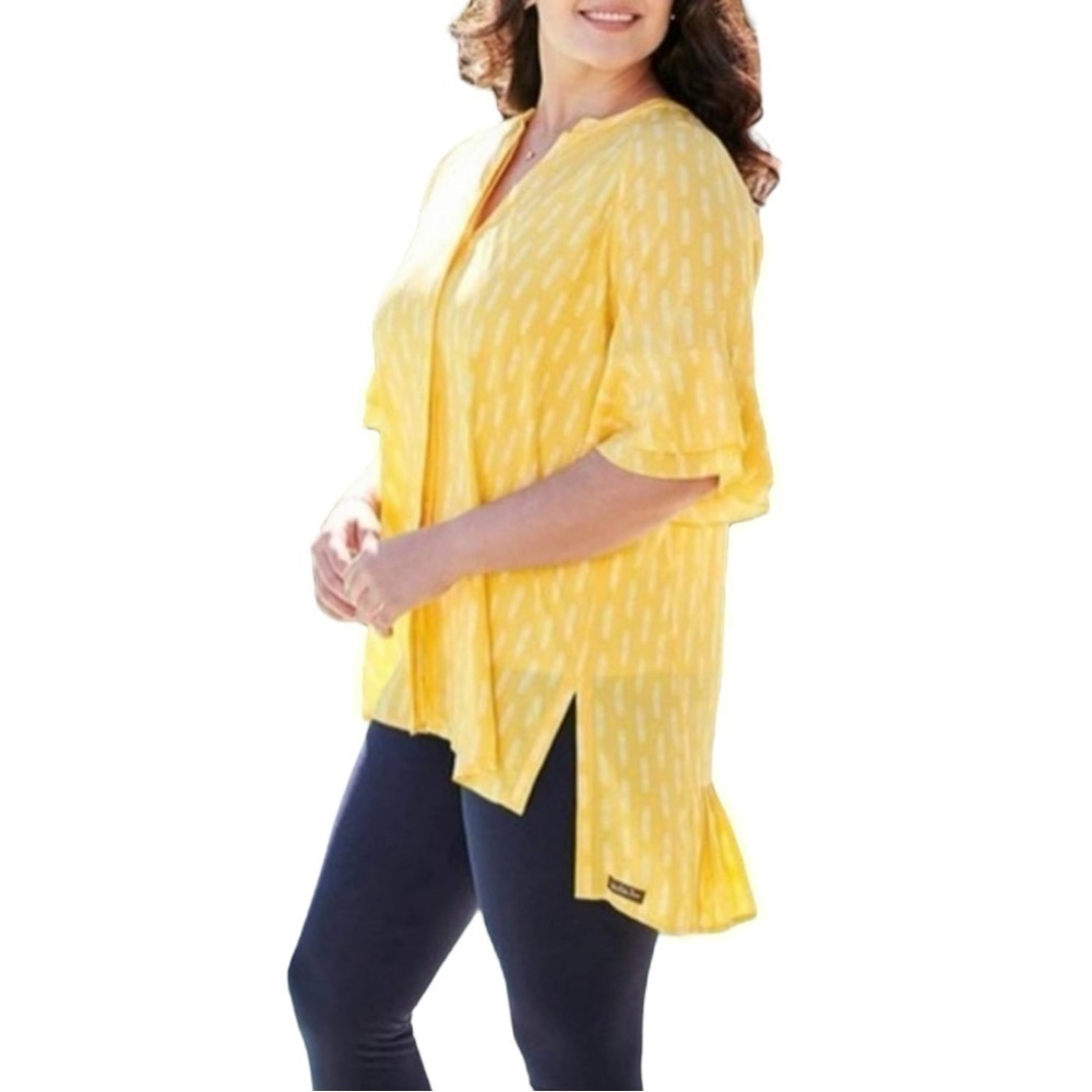 Matilda Jane Golden Hour oversized yellow and white button down tunic blouse